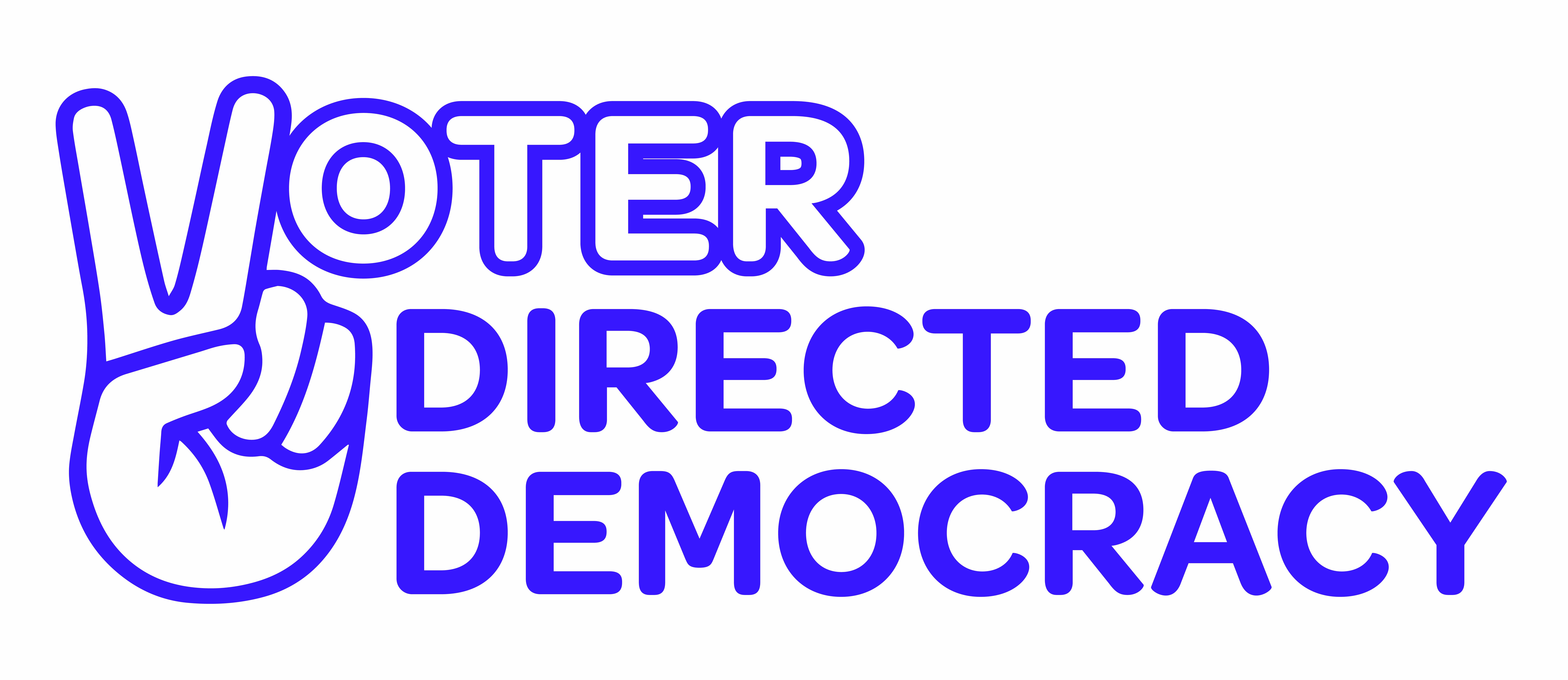 The words 'Voter Directed Democracy' with the 'V' styled as a hand holding a peace sign. The words are purple on a white background
